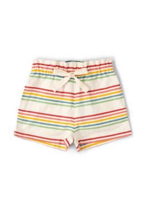 Children’s cotton shorts with elastic waist, tied beige bow, and horizontal stripes in red, yellow, green, and blue on a white background.