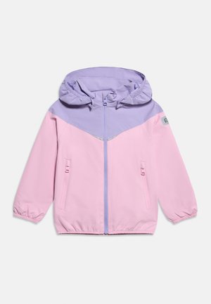Veste à capuche pour enfants en rose clair et lavande, avec fermeture éclair frontale, deux poches zippées et poignets et ourlet élastiqués.