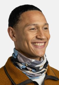 Multifunctional neck gaiter in soft, stretchy fabric. Features a geometric pattern in shades of blue, gray, and beige. Brand logo visible.