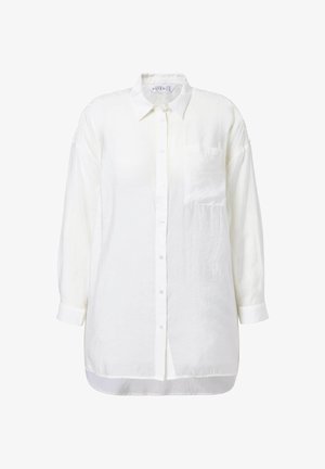 Langærmet hvid skjorte med knapper, krave og venstre brystlomme, lavet af letvægts, let tekstureret stof.