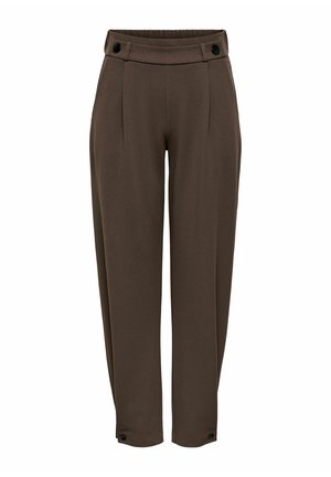 Tummanruskeat korkeavyötäröiset kapealahkeiset housut, joissa nappidetaljit vyötäröllä ja nilkan resoreissa, edessä laskokset ja sileä pinta.