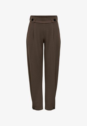 Tummanruskeat korkeavyötäröiset kapealahkeiset housut, joissa nappidetaljit vyötäröllä ja nilkan resoreissa, edessä laskokset ja sileä pinta.