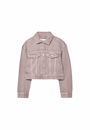 Giacca di jeans corta in rosa chiaro con decorazioni in metallo argentato, dotata di due tasche frontali e chiusura con bottoni.