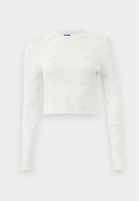 Valge lühikeste varrukate pikkade varrukatega crop-top, mis on valmistatud ribakudumist ja millel on ühtlane, peen "Igavesti" tekstimuster. Sile tekstuur, ümmargune kaelus.
