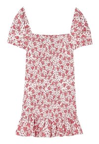 Blumenkleid mit rot-weißen Mustern, quadratischem Ausschnitt, kurzen Puffärmeln und einem gewellten Saum. Hergestellt aus leichtem Stoff.