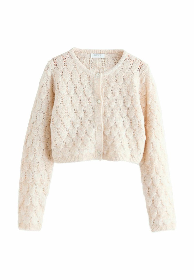 Krämfärgad stickad cardigan med ett strukturerat, öppet vävmönster. Har rund halsringning och knäppning med knappar framtill.