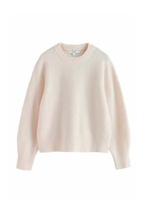 Maglione morbido in lana rosa chiaro con maniche lunghe e scollo tondo a coste, polsini e orlo, mostrato disteso su sfondo bianco.