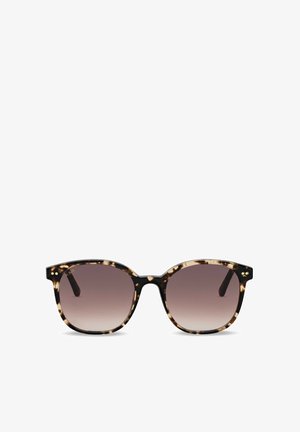 Sonnenbrille mit Schildpattmuster, abgerundeten quadratischen Verlaufsgläsern in Braun und dezenten goldenen Details an den Rahmen-Ecken.