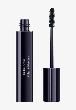 Open zwarte buis van Dr. Hauschka Volume Mascara met aangehechte wimperborstel met dicht opeengepakte haartjes.