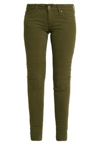 Pantalones vaqueros ajustados verde oliva elaborados con tejido elástico, con cremallera de botones, cinco bolsillos y detalles de costura minimalistas.