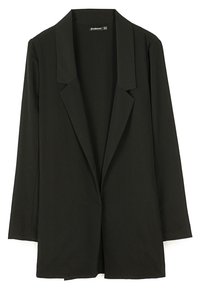 Blazer noir en tissu léger, doté d'un col cranté, de manches longues et d'une coupe ouverte et décontractée.
