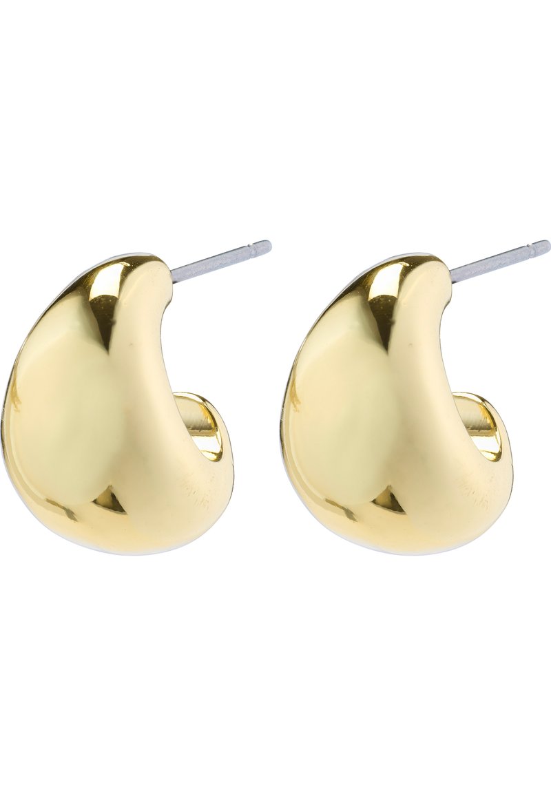 Χρυσά σκουλαρίκια με λεία, στρογγυλή μορφή που διαθέτουν ανακλαστική επιφάνεια και κούμπωμα για ασφαλή εφαρμογή.