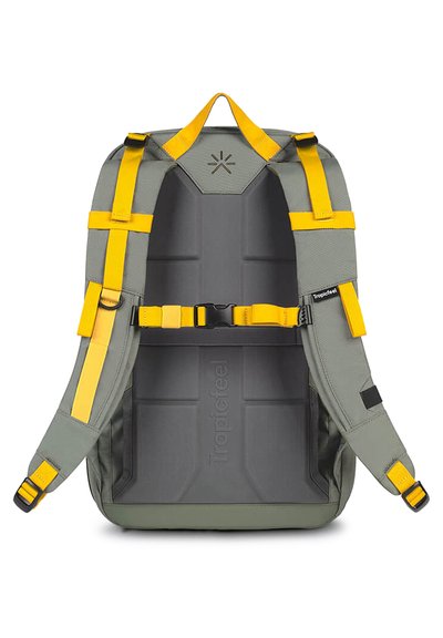 Gray backpack with yellow accents, featuring padded shoulder straps, adjustable buckles, and a structured interior with a textured finish.