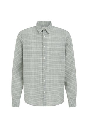 Pánska košeľa s dlhým rukávom na gombíky s malým zeleno-bielym kockovaným vzorom a špicatým golierom, zobrazená na bielom pozadí.