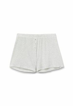 Hellgraue, gerippte Shorts aus einem entspannten Stoff mit einer flachen Taille und vier dekorativen Knöpfen auf der Vorderseite für zusätzliche Details.