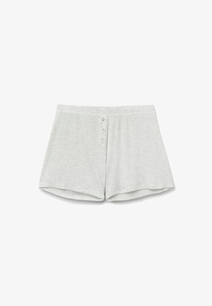 Shorts grigio chiaro in tessuto a coste con una vestibilità rilassata, caratterizzati da una cintura piatta e quattro bottoni decorativi sul davanti per un tocco di dettaglio.