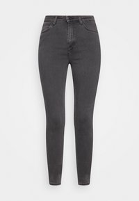 Vaqueros ajustados de talle alto en denim gris oscuro. Presenta un diseño clásico de cinco bolsillos y costuras sutiles a lo largo de las costuras.