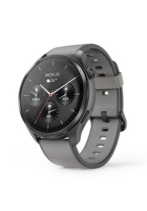 Runde schwarze Smartwatch mit grauem Silikonarmband, zeigt auf dem Bildschirm Datum, Temperatur, Schrittzahl, verbrannte Kalorien und Herzfrequenz an.