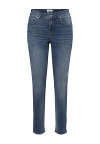 Jeans i denim med en medelblå tvätt. Har en rak passform, lätt slitage framtill och fransad kant. Femficksdesign med knappstängning.