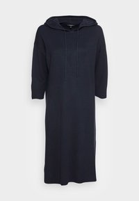 Marineblå oversized klänning med huva, med dragsko, korta ärmar och knä-length silhuett. Mjuk textur, minimal design.