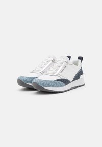 White and blue sneakers featuring a geometric pattern, smooth leather, textured accents, rounded toe, and a white sole with gray tread.