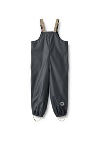 Grijze waterdichte overall met verstelbare tan banden, elastische manchetten en een ronde logo-patch op het linkerbeen. Glad, duurzaam materiaal.
