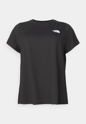 Sort T-shirt med korte ærmer og rund hals, med en lille hvid The North Face-logo på øverste venstre bryst.