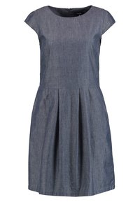 Denim A-Linien-Kleid mit kurzen Puffärmeln, rundem Ausschnitt und gefälteltem Rock. Dunkelblauter Stoff mit einer subtilen Textur.