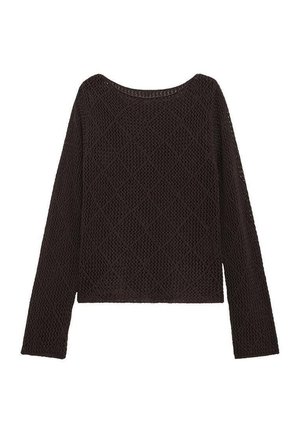 Brun, langærmet strikket sweater med løs pasform og et struktureret diamantmønster. Rund halsudskæring, cropped længde og åbent vævdesign.