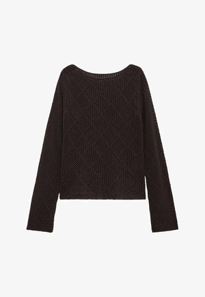 Brauner, langärmeliger Pullover aus Strick mit lockerer Passform und strukturiertem Rautenmuster. Rundhalsausschnitt, gekürzte Länge und offenes Gewebe.