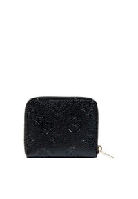 Portafoglio in pelle nera con motivi impressi, chiusura con zip e dettagli in oro. Forma rettangolare compatta, superficie testurizzata.