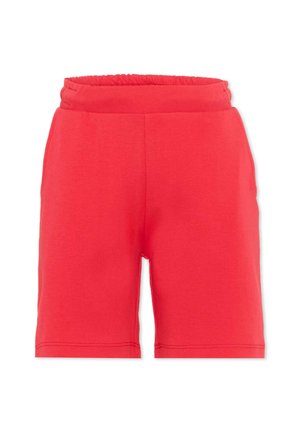 Pantaloncini rossi al ginocchio con fascia elastica in vita, tasche frontali e cuciture visibili lungo l'orlo e le cuciture.