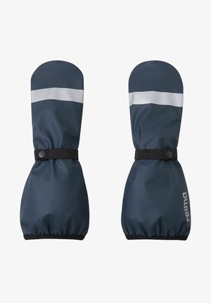 Granatowe, wodoodporne rękawice z elastycznymi mankietami, z odblaskowym paskiem i czarnym paskiem dla pewnego dopasowania. Gładka tekstura, trwały materiał.