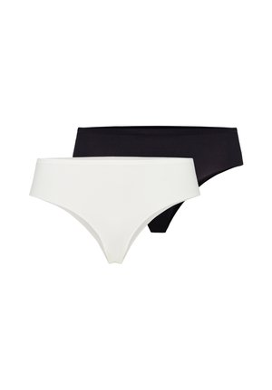 Dwie bezszwowe damskie majtki bikini w jednolitych kolorach czarnym i białym, pokazane obok siebie na białym tle.