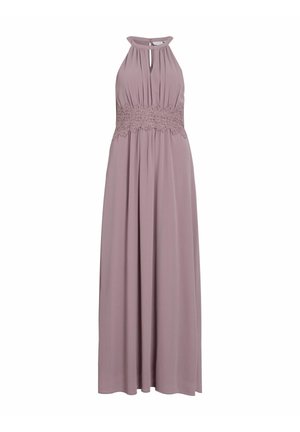 Maxi dress in soft mauve fabric, featuring a halter neck, pleated bodice, and a lace waistband for added detail. Flowing skirt design.