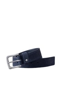 Navy suede belt with a silver metal buckle, featuring a smooth texture and visible stitching. Adjustable with multiple holes for size.