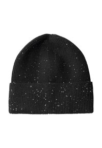 Gorro de punto negro con textura acanalada, decorado con lentejuelas metálicas dispersas para un detalle y brillo adicionales.
