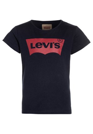 Granatowy, krótki t-shirt z czerwonym logo Levi's nadrukowanym na piersi oraz okrągłym dekoltem.