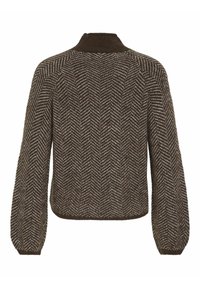 Maglione marrone in maglia con motivo a spina di pesce, colletto alto e polsini a costine, dalla vestibilità comoda e dall'aspetto strutturato.