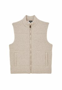 Ärmellose beige Strickweste mit Frontreißverschluss, hohem Kragen und zwei Seitentaschen vor weißem einfarbigem Hintergrund.