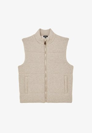 Hihatarea beež värvi kootud vest esiluku, kõrge krae ja kahe küljetaskuga, valgel taustal.