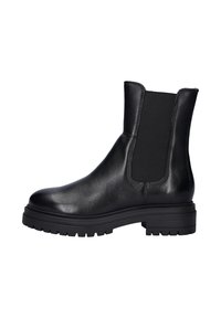 Black leather ankle boots with elastic side panels, round toe, textured finish, and chunky rubber soles. Minimalist design, sleek look.