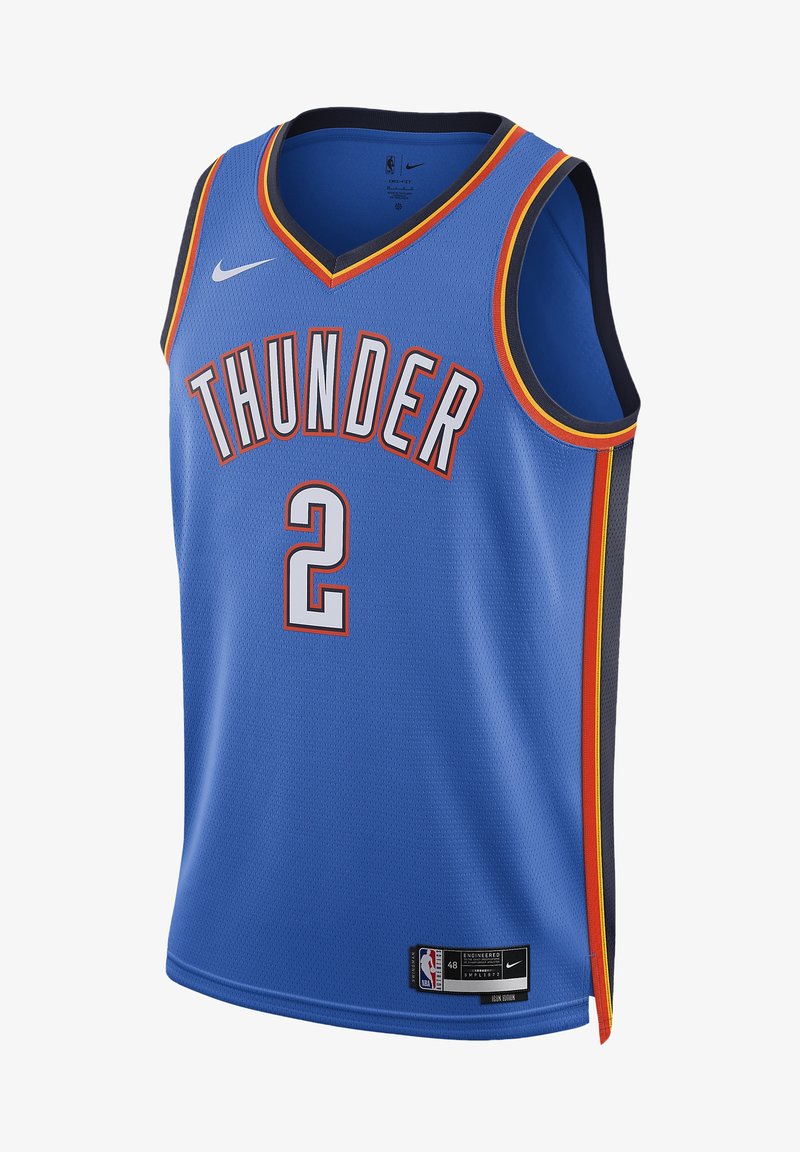Maillot de basketball bleu avec « THUNDER » et le numéro « 2 » en blanc, bordé de rouge. Le matériau est en mesh avec un col en V et des étiquettes NBA/Nike à l'ourlet.