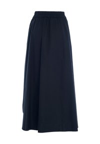 Gonna midi nera con una vestibilità rilassata, realizzata in tessuto leggero. Presenta una cintura elastica e una trama fluida e morbida.