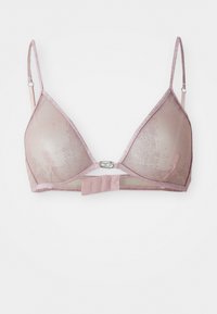 Roze doorschijnende triangelsbeha met gaas cups, satijnen afwerking, verstelbare bandjes en een metalen sluiting aan de voorkant. Een zachte textuur en een minimalistisch ontwerp.