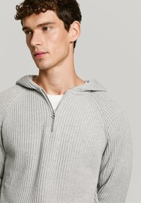 Halli hallidega hall ribaga kapuutsiga sviiter, millel on tõmblukk, tekstuurne kangas ja raglanvarrukad, mis on disainitud pehme ja kehaümarama välimuse saavutamiseks.