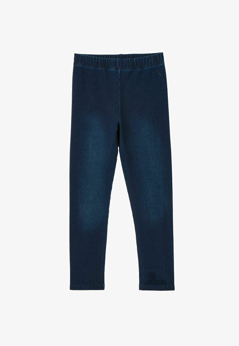 Leggings pour enfants bleu marine avec taille élastique, coupe ajustée et texture de tissu lisse, présentés sur un fond blanc.