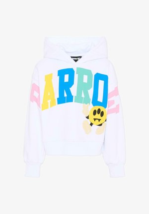 Felpa bianca con cappuccio con grandi lettere colorate "BARROW" sul petto e una faccia da cartone animato gialla che fa il segno di pace sul lato destro.