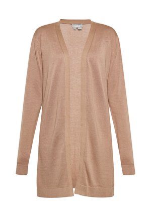Lange cardigan met open voorkant in een lichte beige kleur, gemaakt van een zachte, geribbelde gebreide stof met lange mouwen en een iets oversized pasvorm.