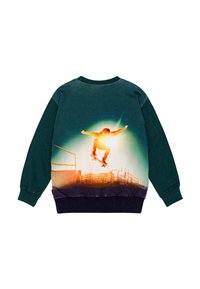 Felpa verde con una vivace grafica di skateboard sul retro, con polsini a coste e una finitura testurizzata all'orlo.